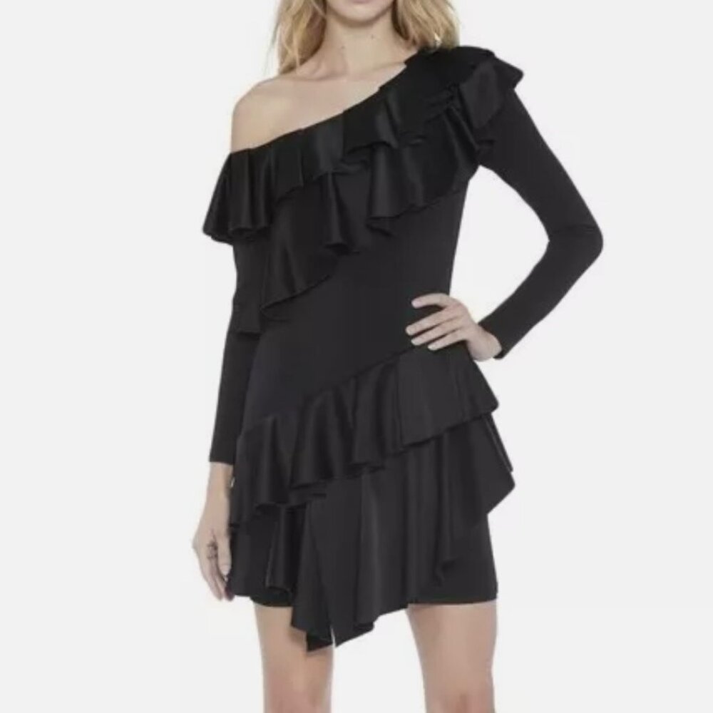 NWT Alice + Olivia Izzy One-Shoulder Black Asymmetrical Ruffle Dress Size 2